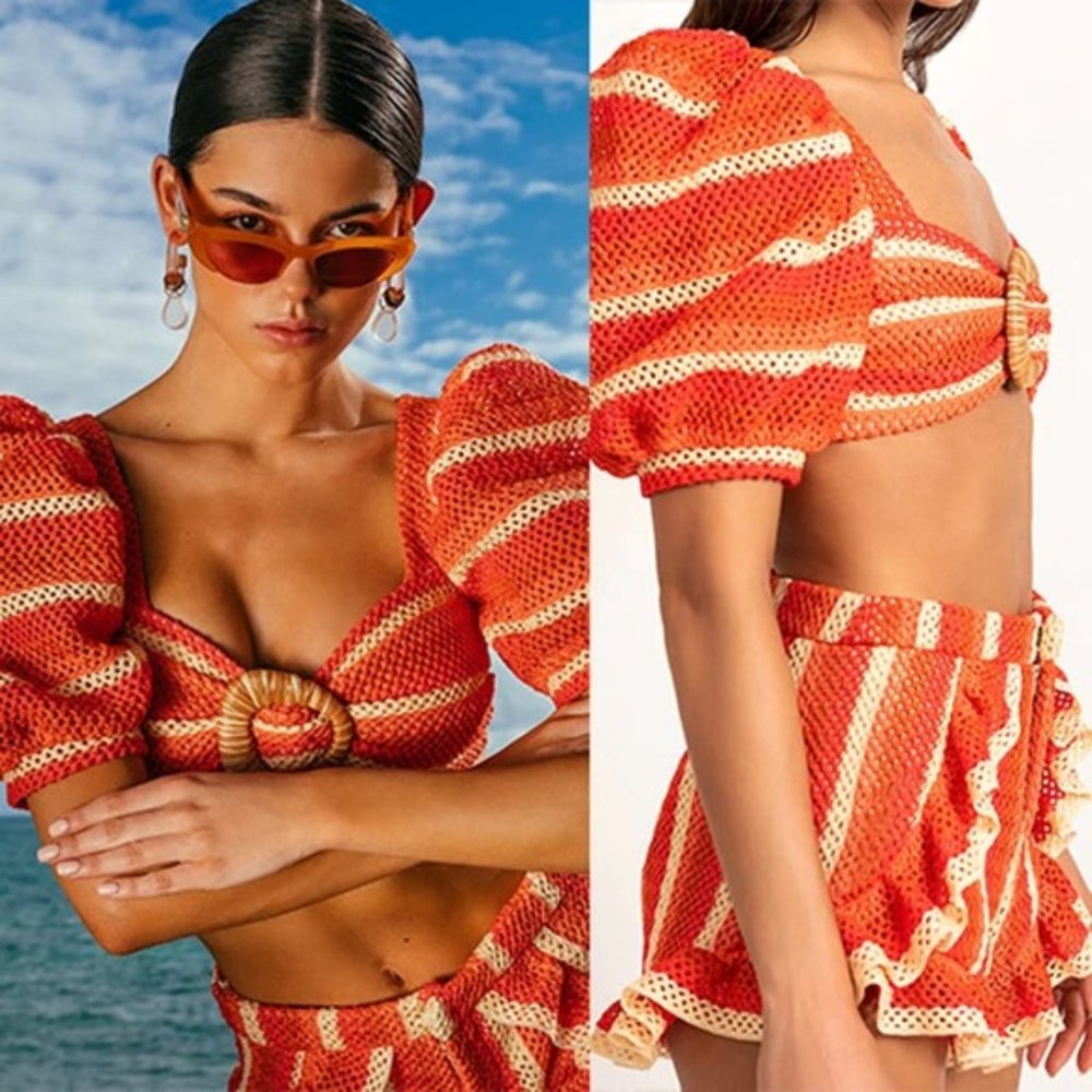 NEW PatBo Striped Crochet Puff Sleeve Striped Cropped Top